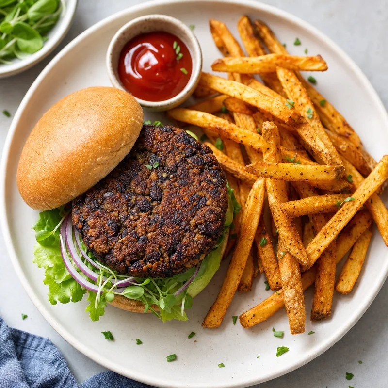 Black Bean Burger with Crispy Fries