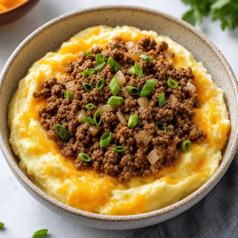 Cheddar Mashed Potatoes with Ground Beef