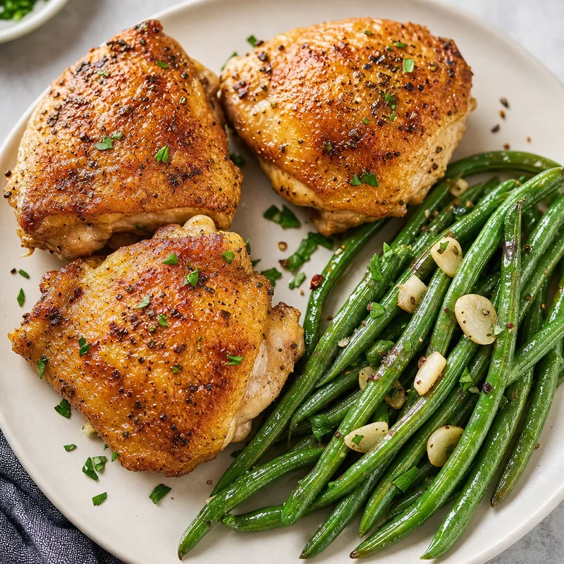 Crispy Chicken Thighs with Garlic Green Beans