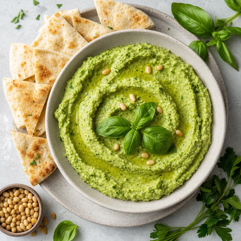 Fresh Basil Hummus with Pita