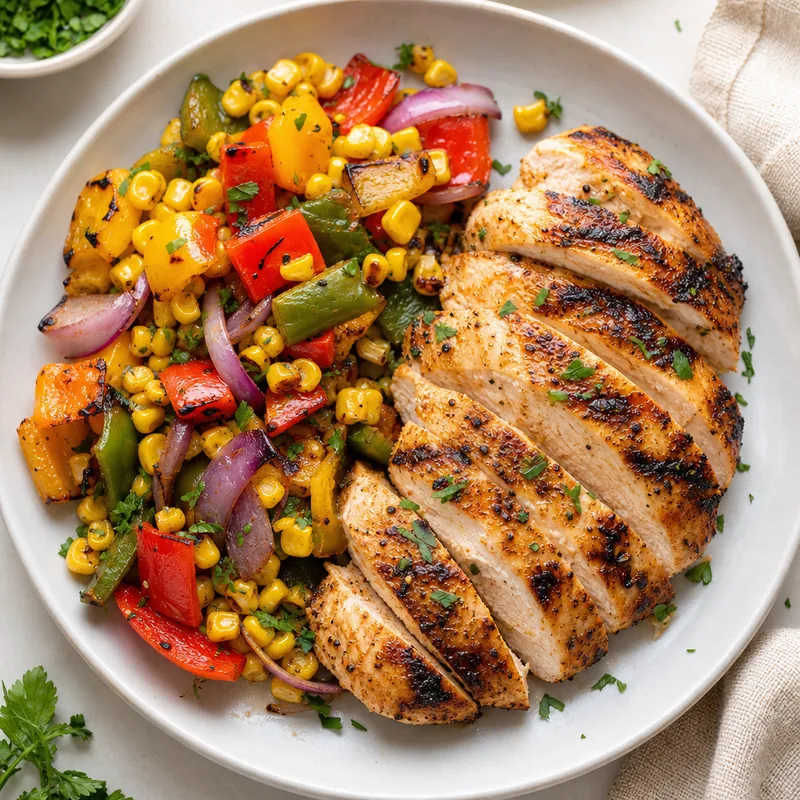 Grilled Chicken Breast with Corn and Peppers