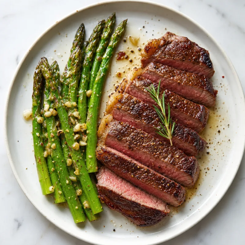 Pan Seared Sirloin with Asparagus and Garlic