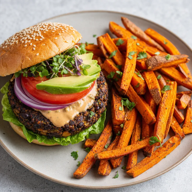Veggie Burger with Sweet Potato Fries